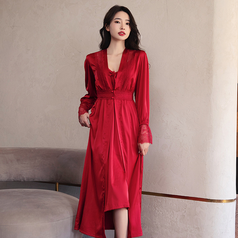 Bridal bridesmaid long morning gown wedding Ice Silk girlfriends party pajamas lying red high-grade wedding pajamas wholesale