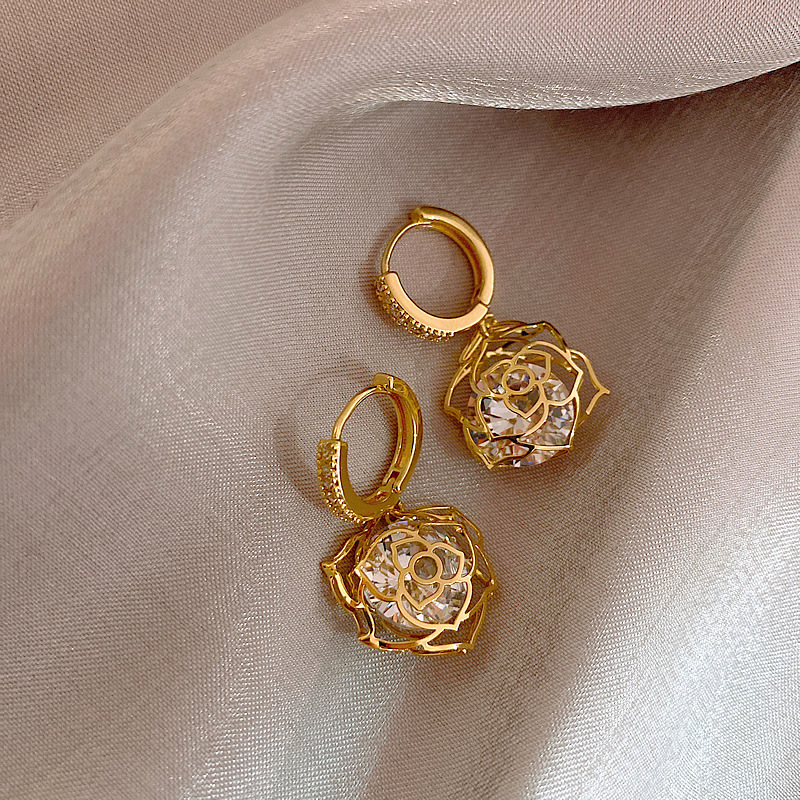 镀真金镂空锆石玫瑰花耳环女韩国气质耳饰2021年新款潮个性耳