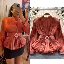 高级感法式收腰衬衫女小心机绑带设计感别致褶皱荷叶下摆法式上衣