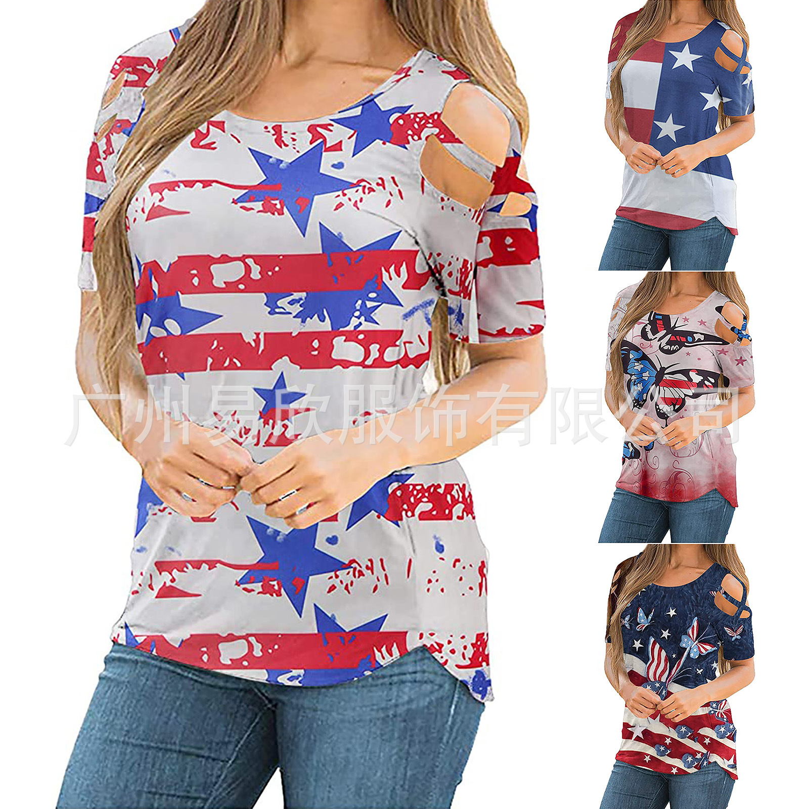 2021夏季新款女式美国国旗印花T恤 独立日节庆服装2