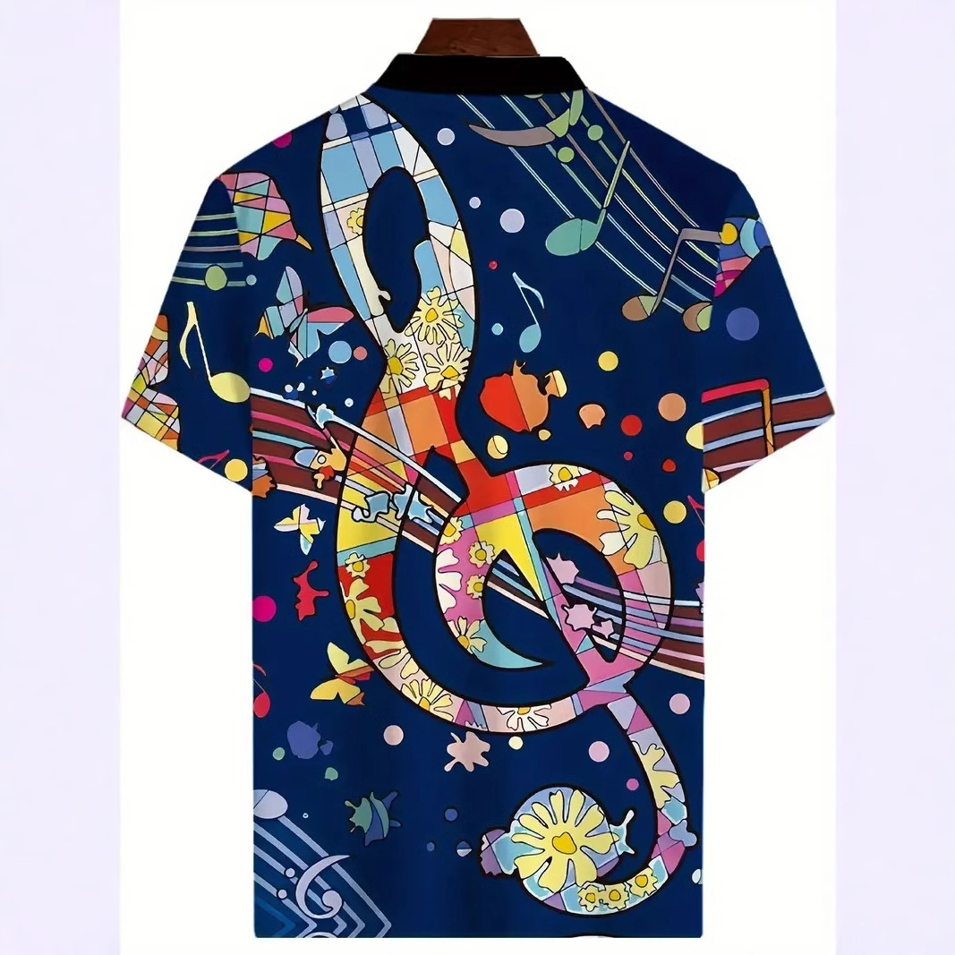 Arte abstracto, notas coloridas, estampado 3D, personalidad de la calle de verano para hombres, cremallera de manga corta, camisa POLO suelta y transpirable