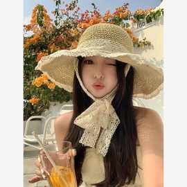 帽海边沙滩帽女出游帽子蕾丝边甜美可爱大帽檐编遮阳帽帽