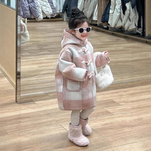 女童冬款甜美加厚保暖粉格皮毛一体中长款牛角扣加绒毛呢大衣外套