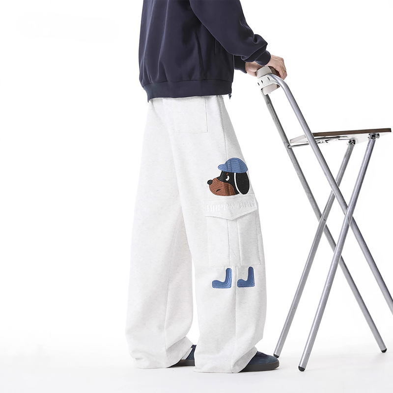 American-Style Embroidered Puppy White Floral Gray Sweatpants Men's Autumn and Winter Couple's down Vest Casual Pants Straight Loose Wide-Leg Pants