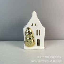 跨境圣诞节简约led景观装饰灯屋镂空发光陶瓷房子摆件家居装饰品