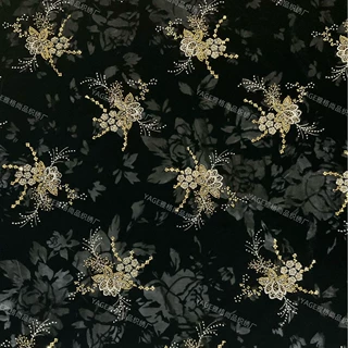 丝绒底金银珠片珠绣花卉面料重工繁复立体花朵新中式旗袍礼服布料