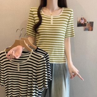 Plus Size Women's Spring and Summer New French Square Neck Stripesd T-Shirt Fat mm Fashionable Versatile Slimming Look Knitted Top