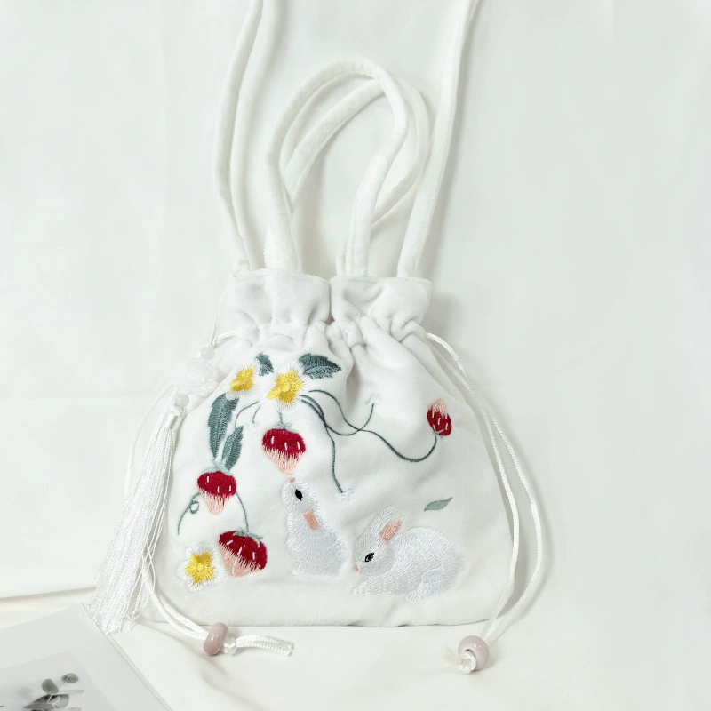 Handheld Hanfu Drawstring Bag, Embroidered Tassels, 22×22 cm, Handmade Accessory