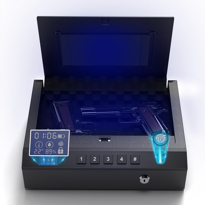 新款枪盒指纹密码钥匙三合一手枪盒温湿度计枪盒手枪保险箱