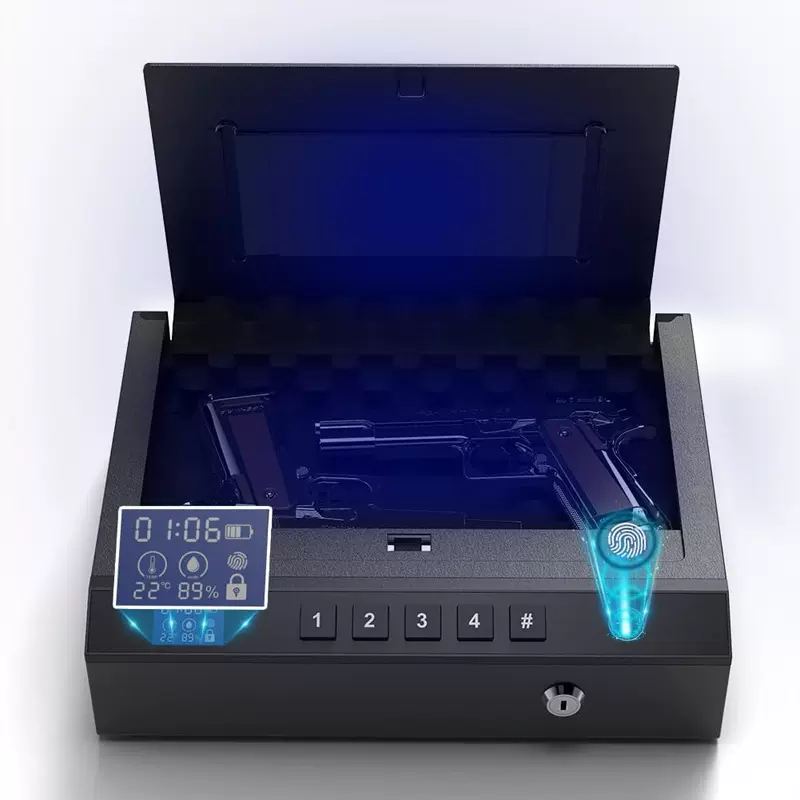 新款枪盒指纹密码钥匙三合一手枪盒温湿度计枪盒手枪保险箱