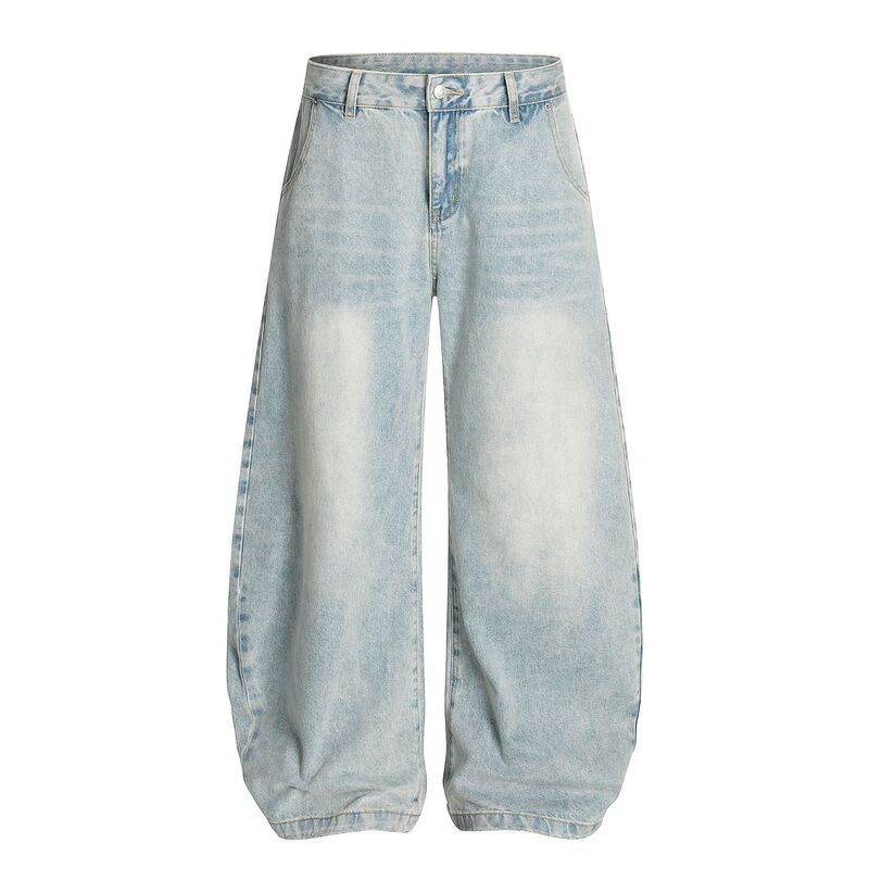 L801 American High Street Neutral High-End Street Washed Ice Blue Design Loose Men's Scimitar Jeans