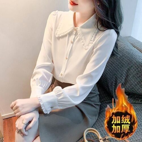 Autumn and winter new chiffon thickened fleece-lined shirt for women—French-style doll-collar design, unique and versatile top for ladies.