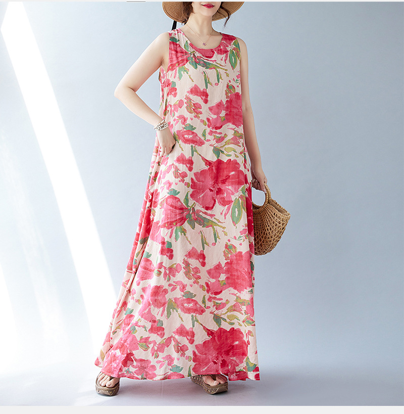 Real Shot Of The 2024 Summer New Bohemian Artistic Loose Sleeveless Round-neck Printed Mid-length Dress For Women_ecoleips.com