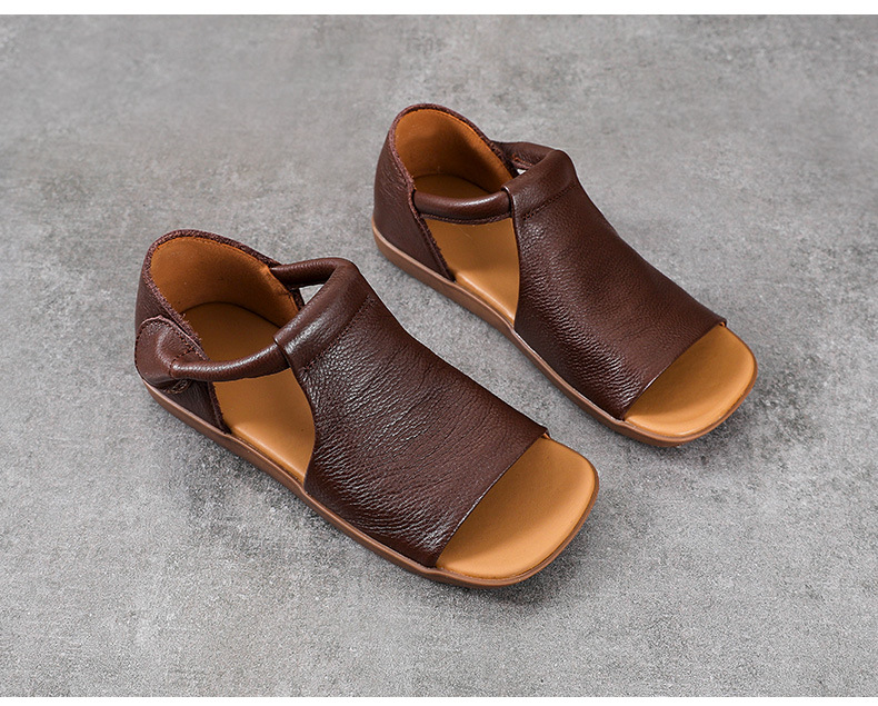 Giày lười nữ mũi vuông da bò đế bằng quai Velcro — Màu nâu chi tiết 12