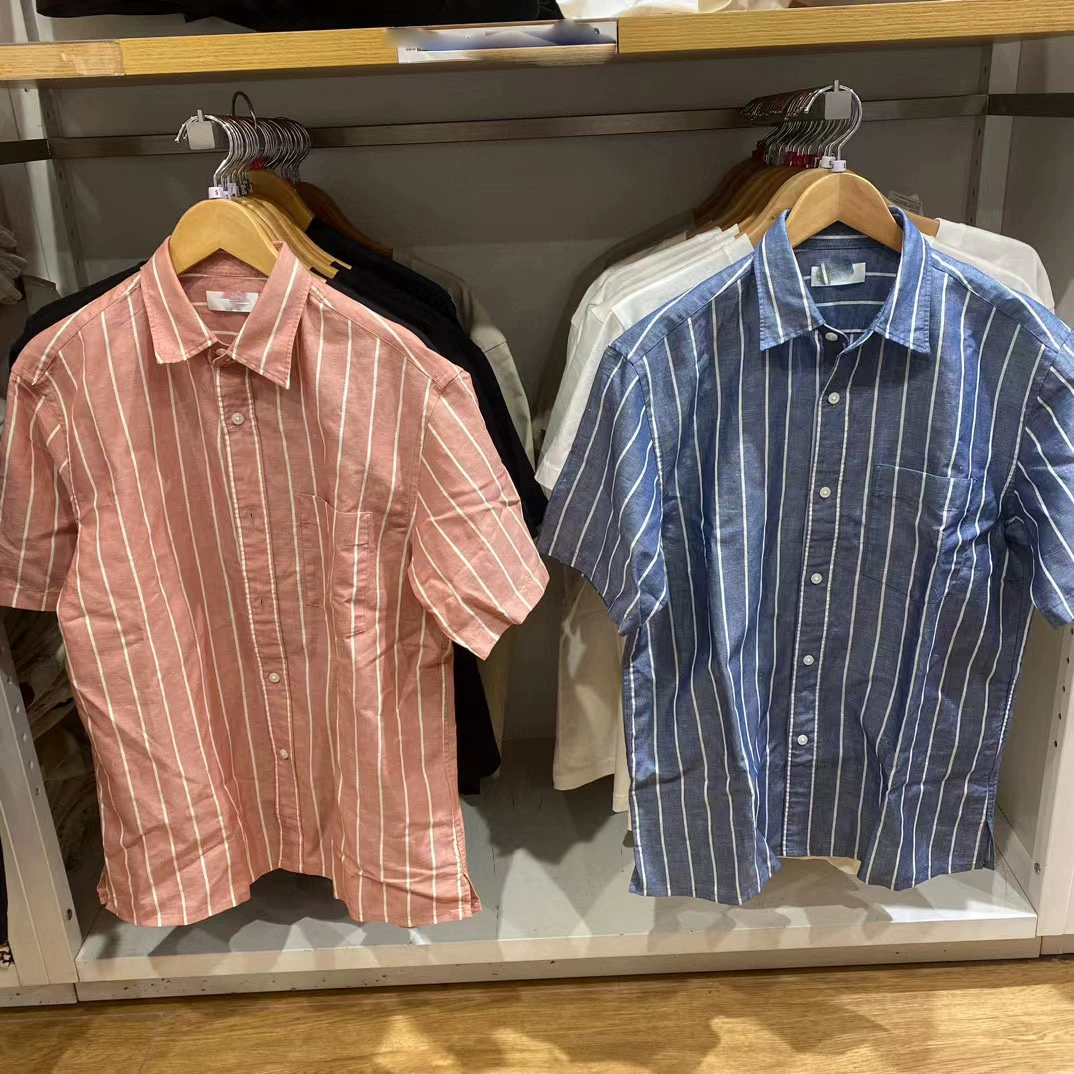 Мужская и женская рубашка в полоску из льна и хлопка в одном стиле, новая летняя повседневная рабочая одежда с короткими рукавами, рубашка 457774/457775