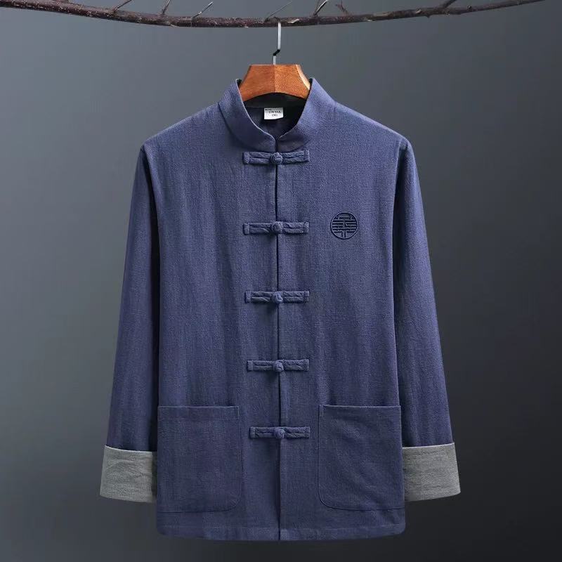 New Chinese Style Men's Tang Suit Spring and Autumn Three-Piece Cotton Linen Jacket with Chinese Style Long Sleeve Retro Fold-Neck Hanfu Linen Jacket