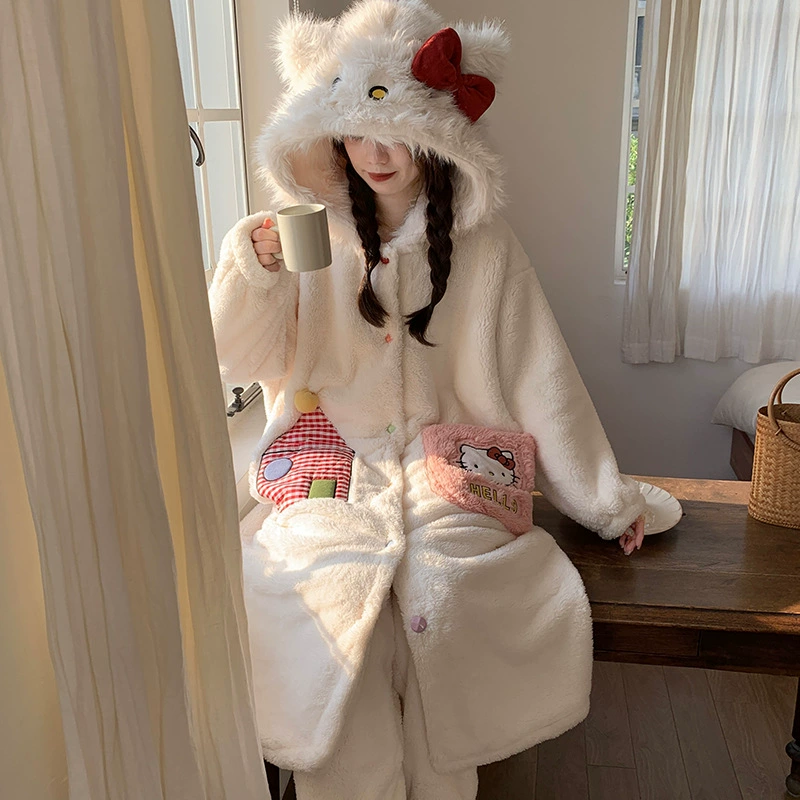 Демисезонная пижама, милая коралловая бархатная халат-robe, комплект, 2024 год