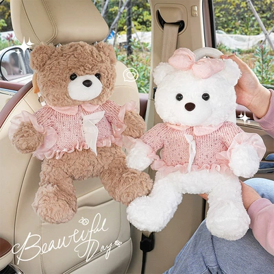 Cartoon bear car tissue box, creative car tissue hanging bag, cute plush toy car hanging tissue box