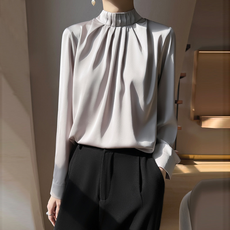 Heavy Tencel Shirt T-Shirt Women's French Style Vertical Collar Ear-Trim Fashionable Acetic Satin Long Sleeve Shirt