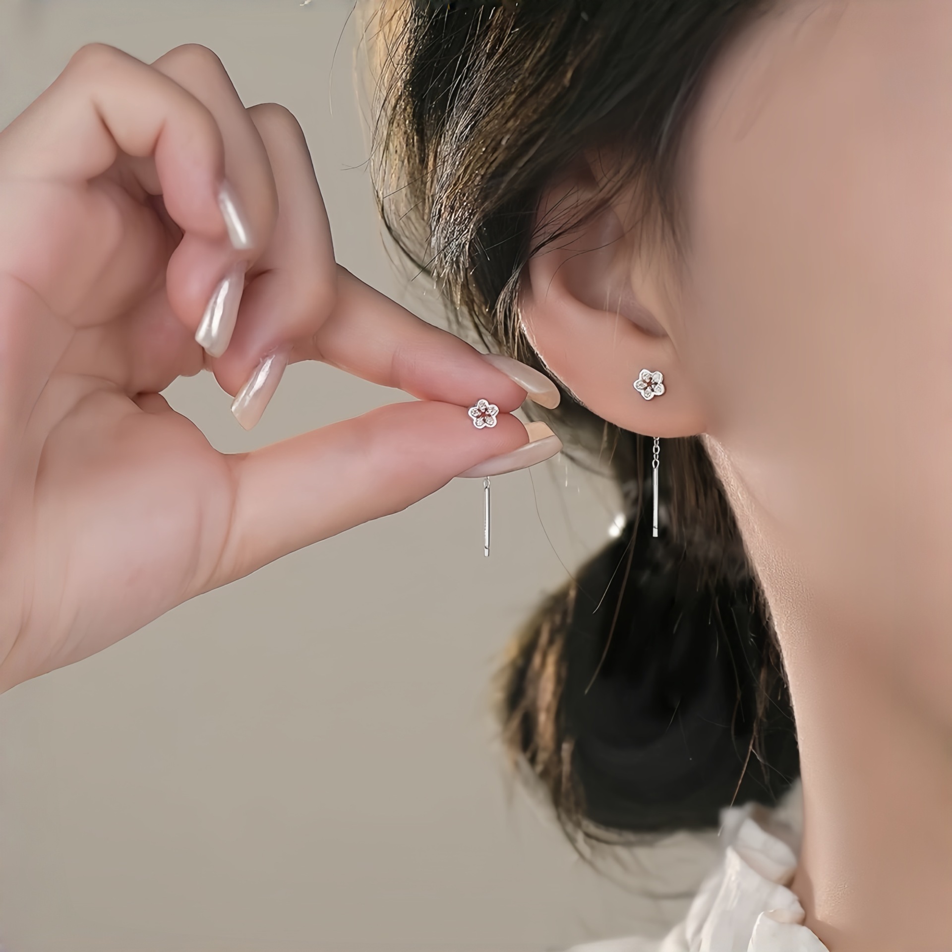 S925 Silver Needle Hollow Flower Ear Threader Earrings, Simple and Elegant Long Tassel Design, Unique and Exquisite Versatile Earrings
