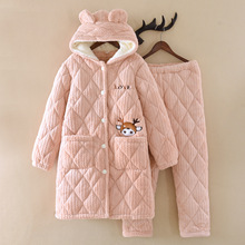 睡袍三层夹棉加厚加绒法兰绒睡衣冬女士珊瑚绒家居服套装一件代发