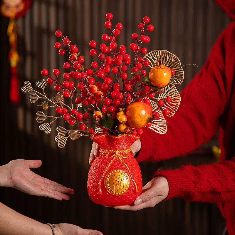 新年过年客厅装饰品发财果福桶摆件2025蛇年新春桌面树春节插花桶
