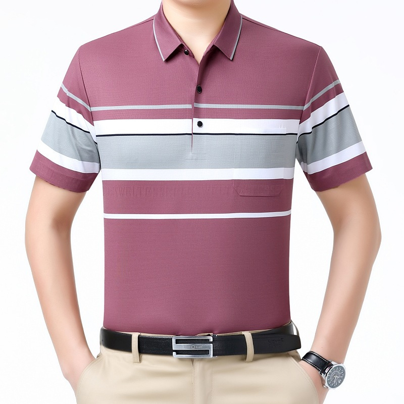 Authentic Brand 2026 Summer New Silk Short-Sleeve T-Shirt with Pockets, Striped Turn-Down Collar Polo Shirt