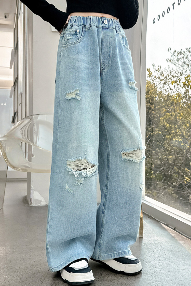 Girls 25 Spring Ripped Label Denim Wide Leg Pants 2515 New Children's Miscellaneous European And American Jeans_voghion.com