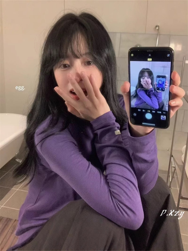 020秋季2025新款慵懒风松弛感纯色上衣薄棉长袖打底衫女士弹力T恤|undefined