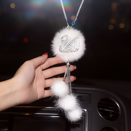 Car Swan Decorative Pendant Goddess Style Car Interior Ornament High-End Rearview Mirror Car Charm Cute Mink Hair pendant