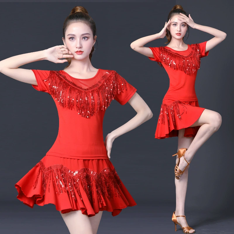 Костюм для квадратного танца Новый костюм Летний латинский танец Короткая юбка с кисточками Костюм для выступлений с пайетками Большая юбка-качели Танцевальная одежда