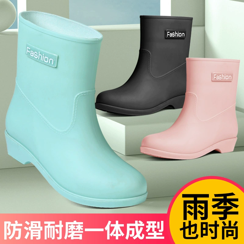 Четырехсезонные женские модные резиновые сапоги до середины икры, женские водонепроницаемые и износостойкие резиновые сапоги, теплые бархатные резиновые сапоги на плоской подошве, кухонная обувь, резиновая обувь