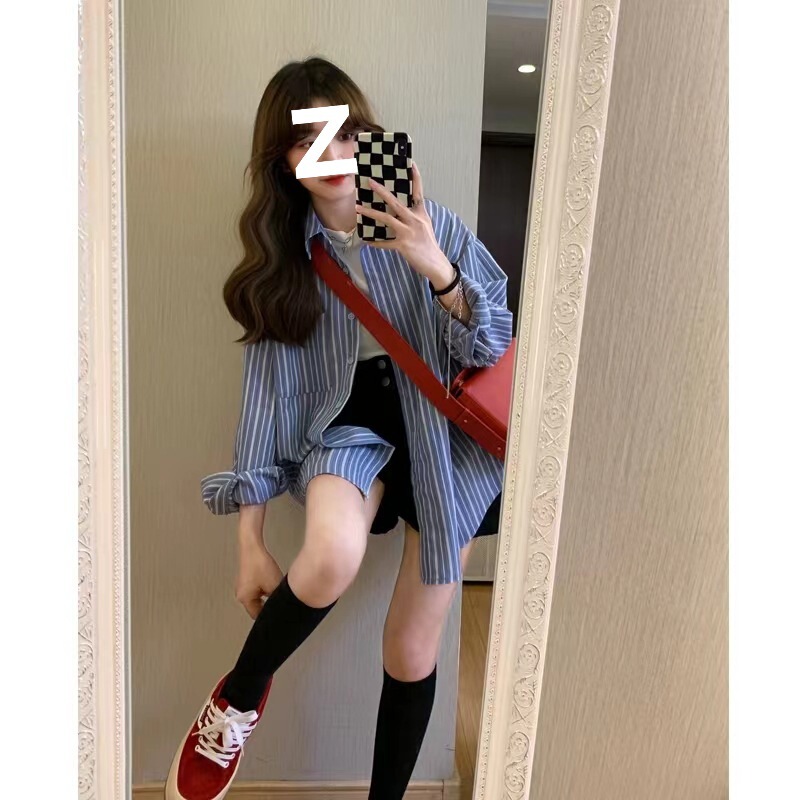Blue Vertical Stripe Shirt Women's Spring and Autumn Stacked Wearing Inner Design Niche French Long-sleeved Top Jacket