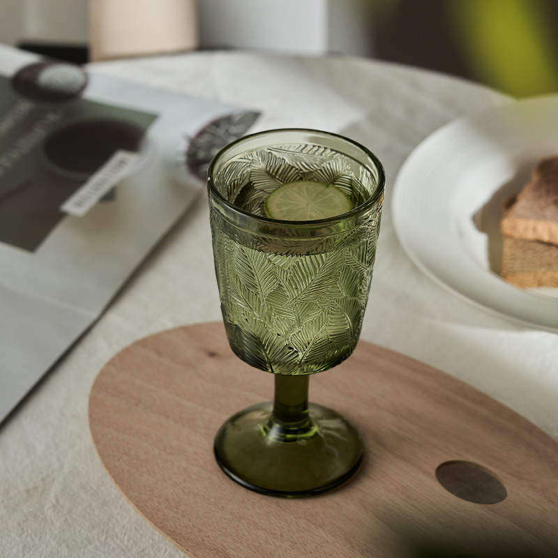 Encaje verde rojo copa de vino francés retro Copa vidrio corrugado estilo chino champán mundo floración nicho