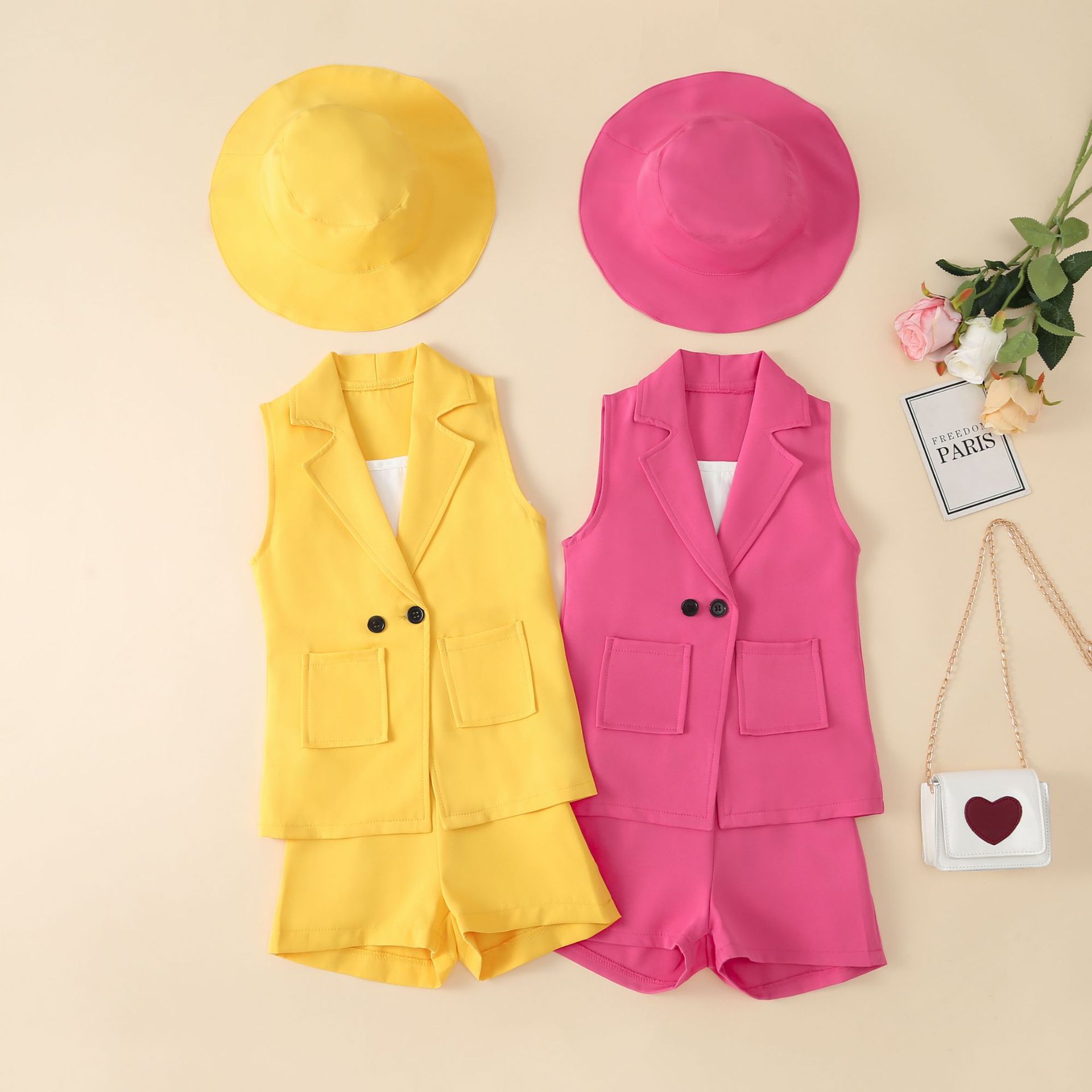Solid Color Pattern Fashion Solid Color Button Cotton Girls Clothing Sets