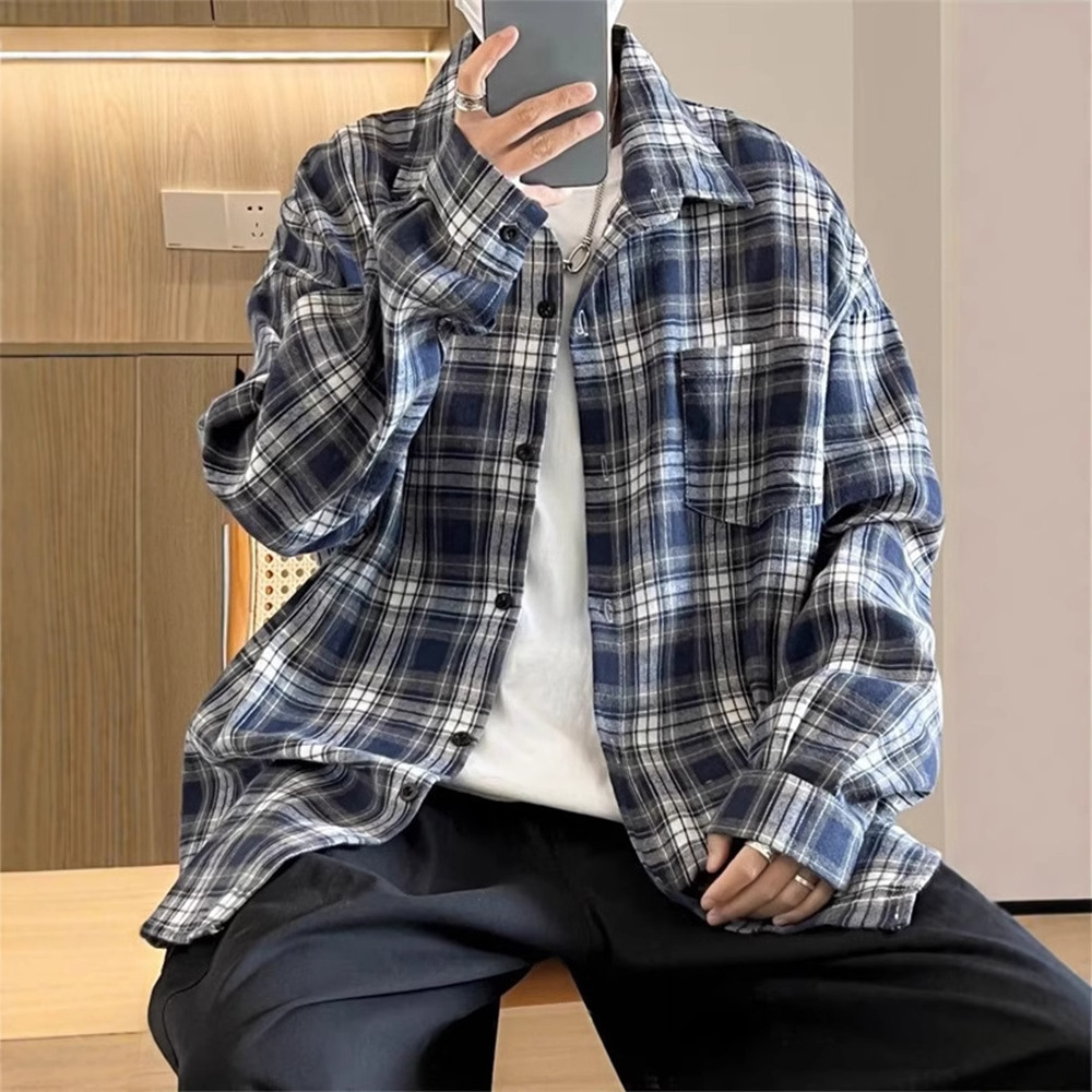 Camisa a cuadros japonesa de manga larga para hombres otoño nueva moda versátil juvenil casual ropa de trabajo suelta camisa chaqueta