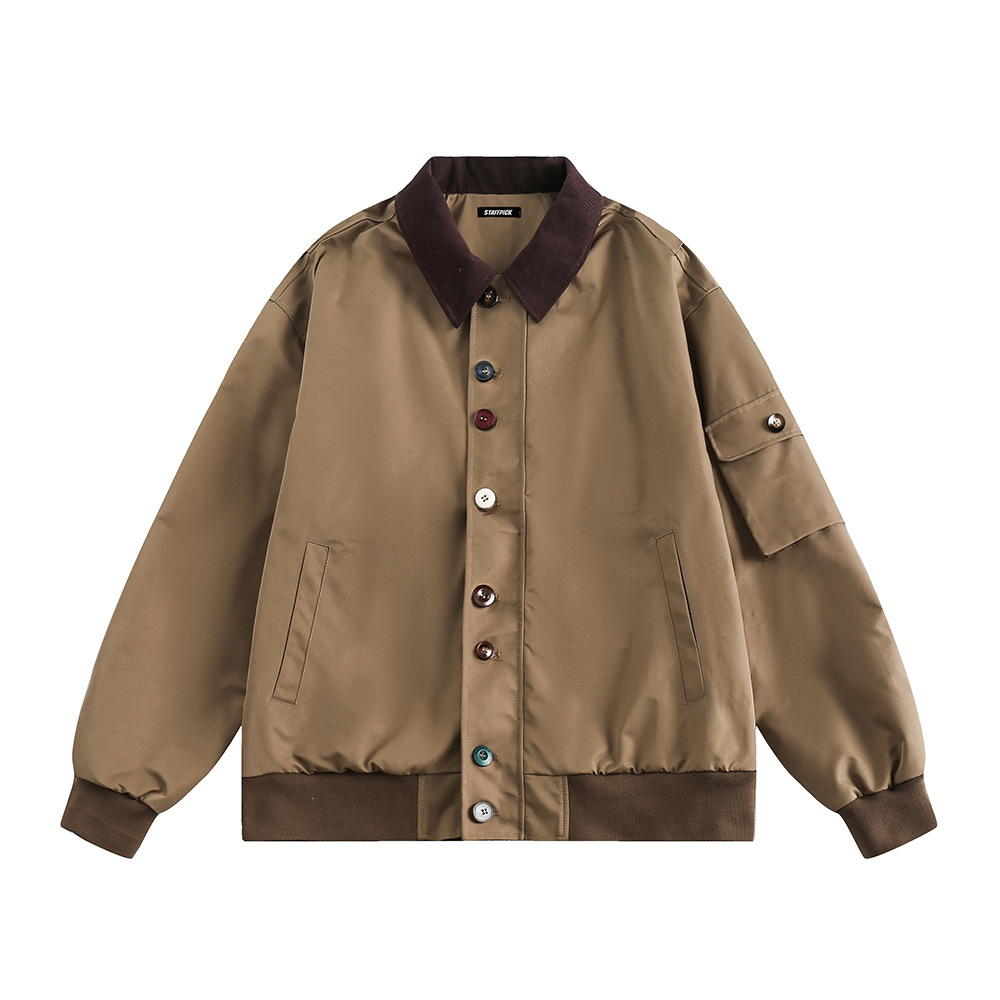Stylische Arbeitsjacke für Herren – Übergroßer Streetwear-Mantel mit kontrastierendem Kragen und Knopfdesign | Punk-Ästhetik | Polyester | Lässige Oberbekleidung_voghion.com