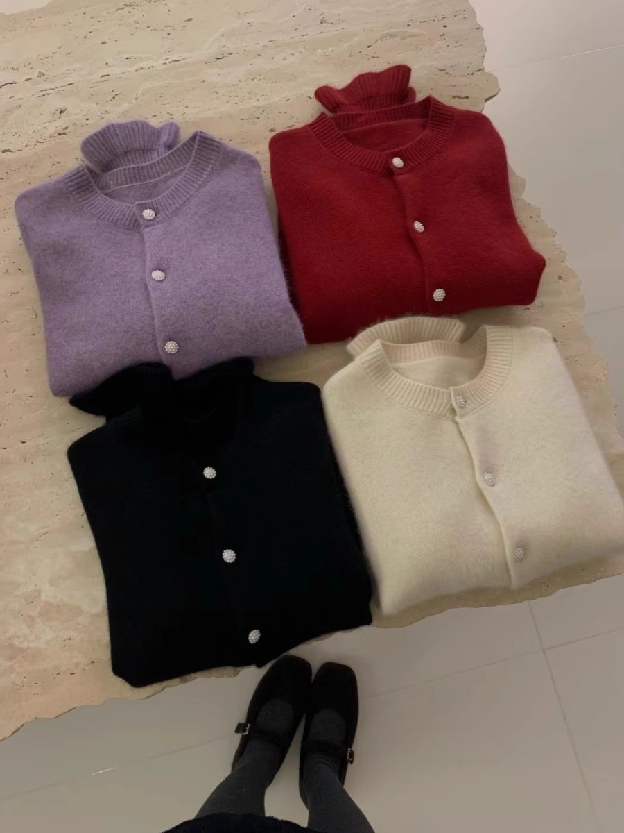 Cardigan coreano in velluto con scollo rotondo e maniche ricamate viola da donna, piccolo cappotto lavorato a maglia profumato primaverile_voghion.com
