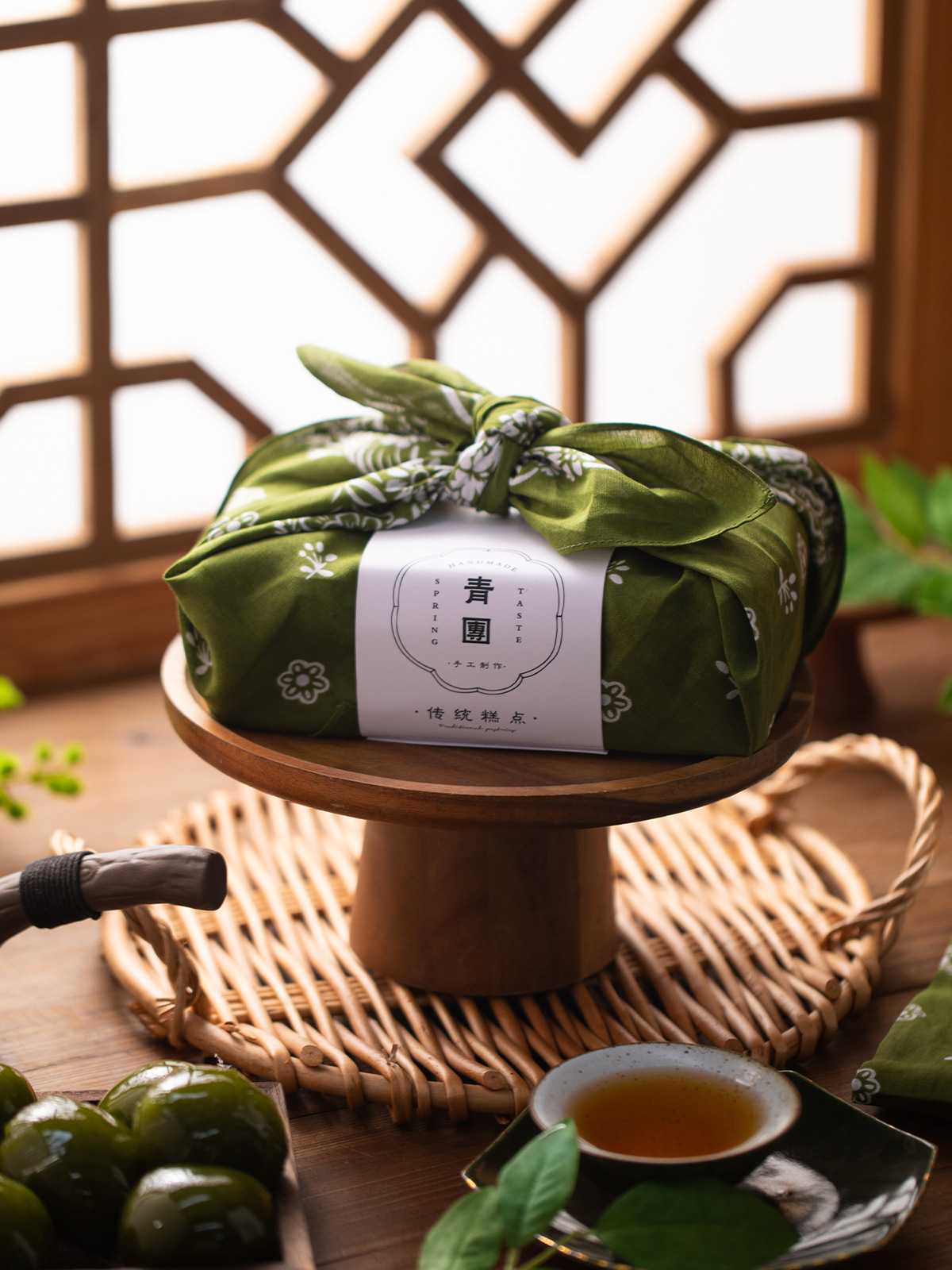 青团包装裹布手工烘焙饼干绿豆冰糕蛋黄酥点心礼盒绿色方巾装饰布