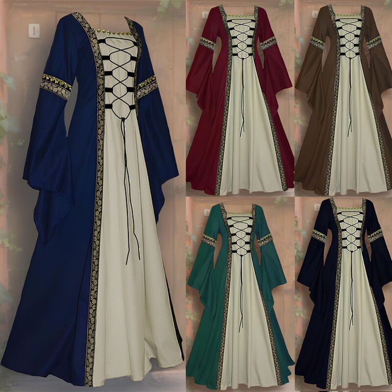 Foreign Trade Women's Medieval Clothing Square Collar Trumpet Sleeve Long dress Medieval Court Dinner Stage Performance Clothing