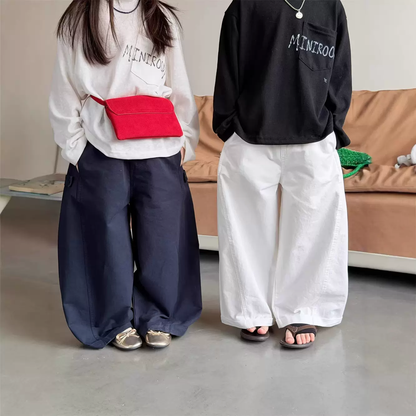 2026春季新款韩版儿童直筒拼接休闲裤男女童百搭卷边水洗棉长裤潮