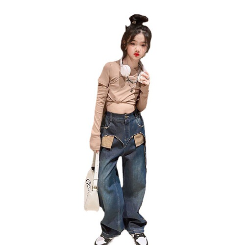 Foreign Trade Korean Version Spring  Fashion Trendy Girls' Set Including Big Kid Long-Sleeve T-Shirt, Denim Jeans, and Pants Hip-Hop