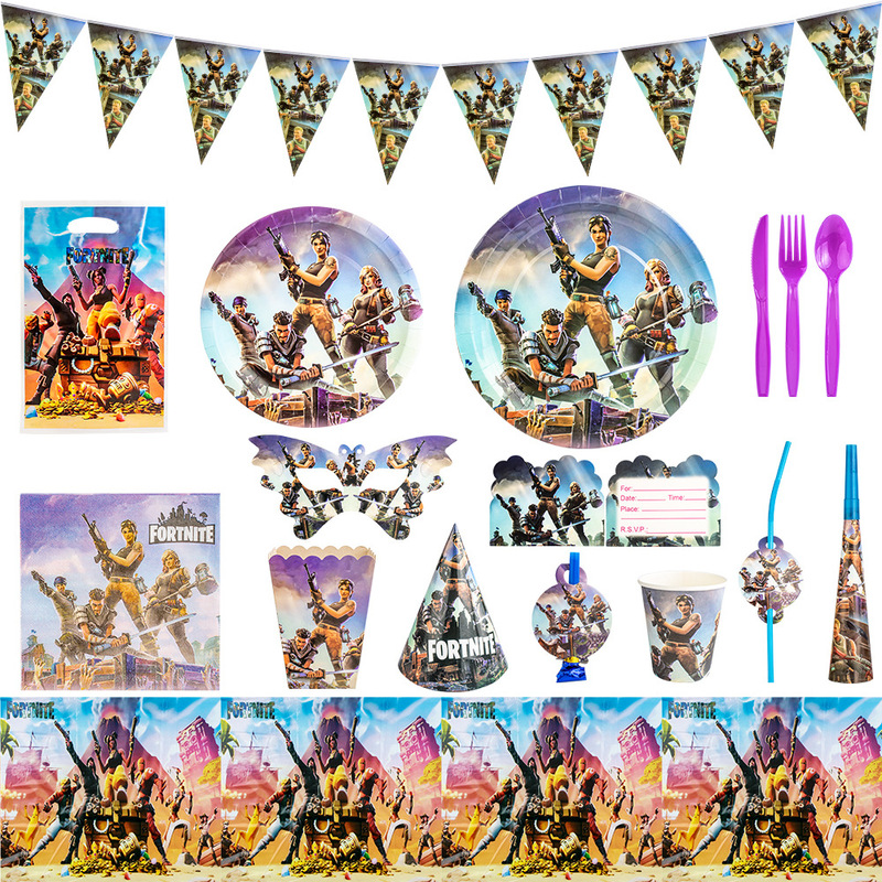 Amazon's Best-Selling Game-Themed Party Banner, Paper Plates, Cutlery Set, Fortnite Table Decorations