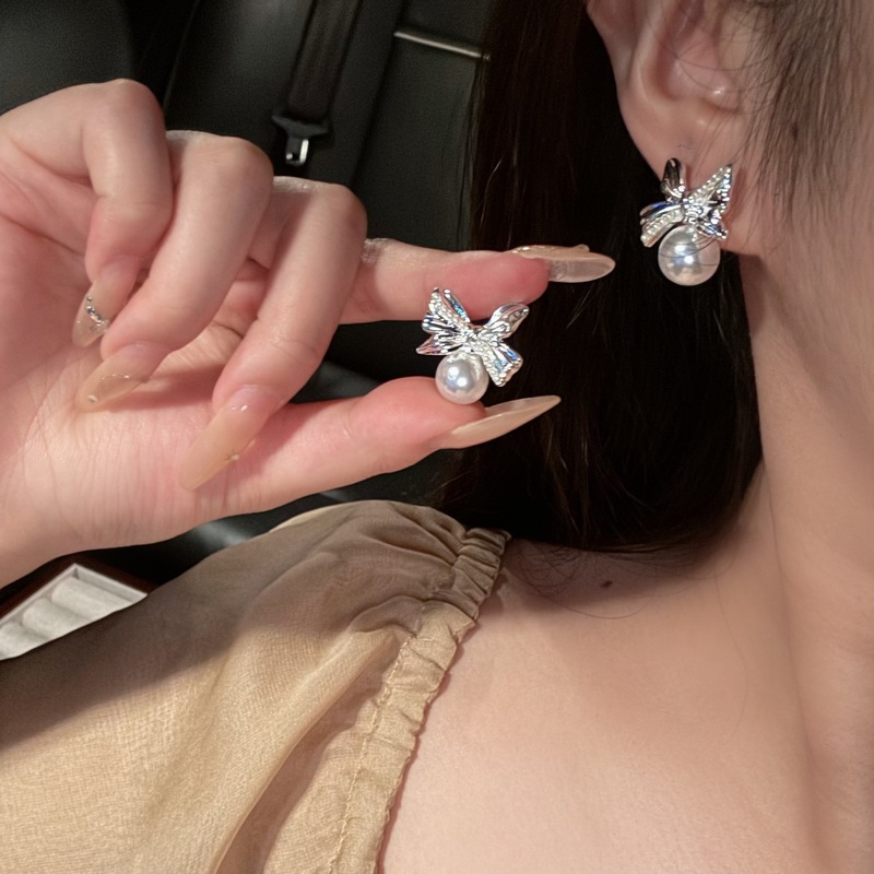 法式芭蕾风蝴蝶结珍珠耳钉少女气质高级感耳环2025新款爆款耳饰女|undefined