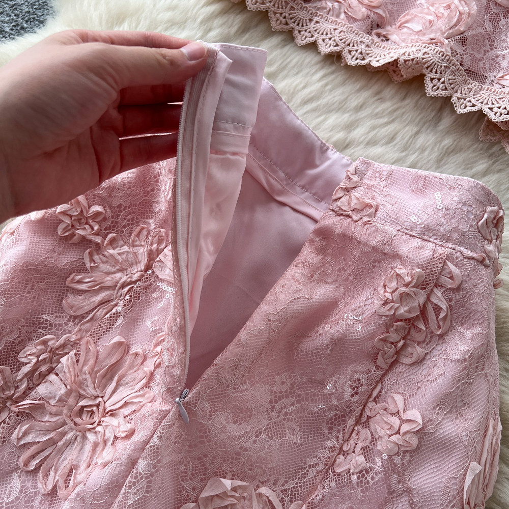 French Style Lace Patchwork Top And Skirt Set for Women Sexy Slimming Temperament Two-Piece Summer Outfit_ecoleips.com