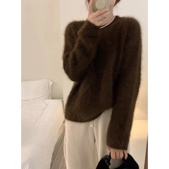 美拉德咖色水貂绒圆领短款毛衣女秋冬韩版慵懒风感针织衫上衣