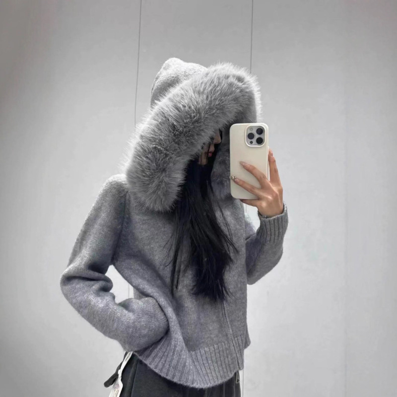 Korean Style Large Fur Collar Hooded Zipper Knitwear Women's Cardigan Jacket Autumn and Winter New Loose Small Top Knitwear