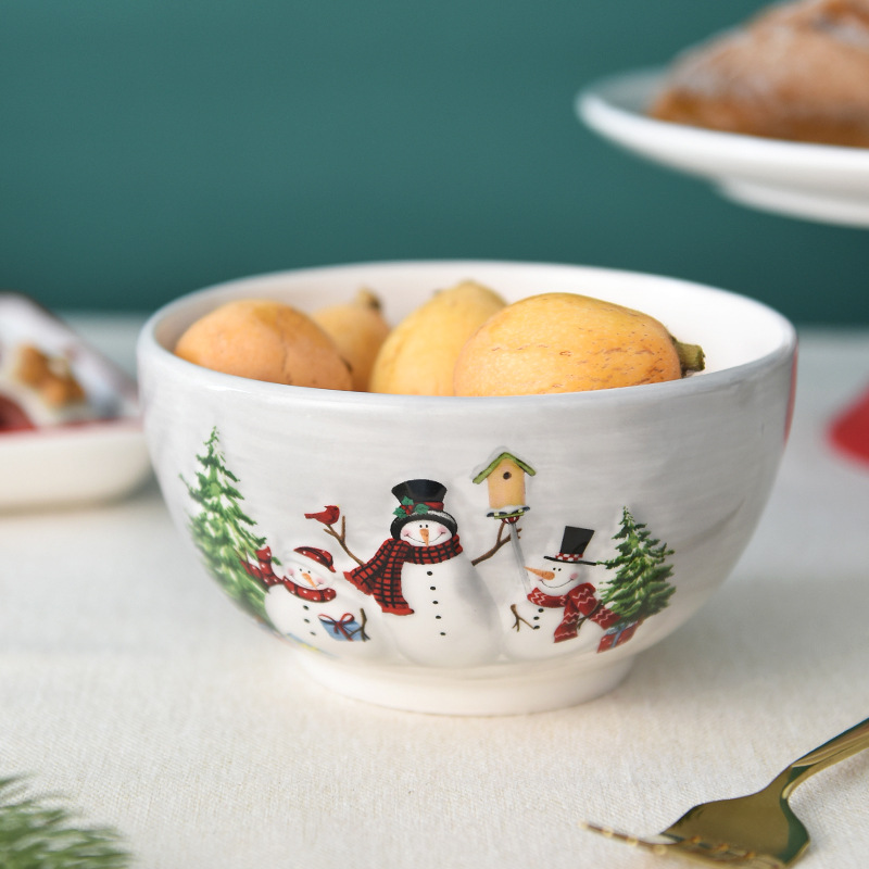 País nórdico Navidad muñeco de nieve tazón de cerámica tazón de arroz de gran capacidad tazón de fideos tazón de sopa tazón de ensalada occidental vajilla en relieve