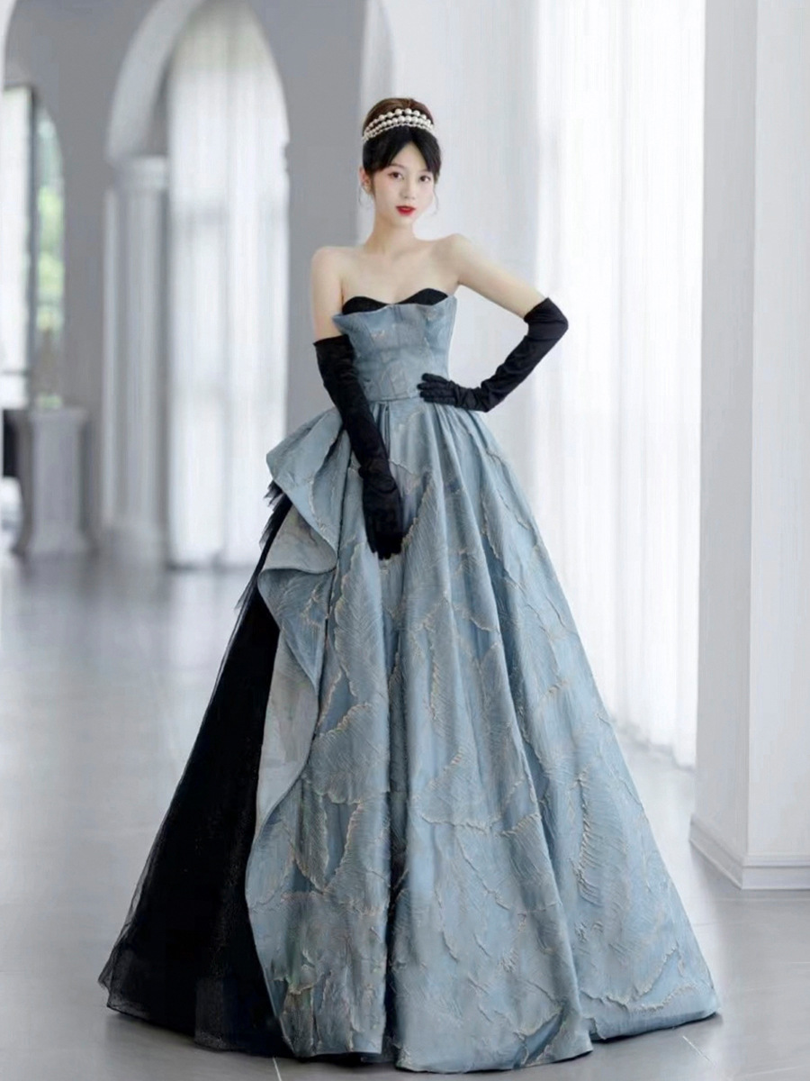 Foreign trade sources starry sky Gray-blue Banquet Annual meeting perform show Host princess Wedding dress full dress Pompous skirt