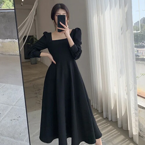 Hepburn Style Black Skirt Women 2026 Spring and Autumn New Retro Square Collar Long Skirt Dress Knee-Length Black Elegant Dress